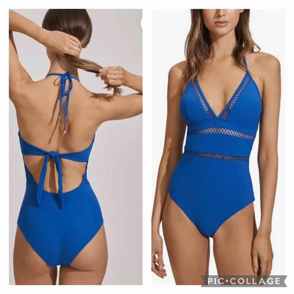 Reiss Gia Blue Women's Halter V-Neck One-Piece Swimsuit with Lace Insets
